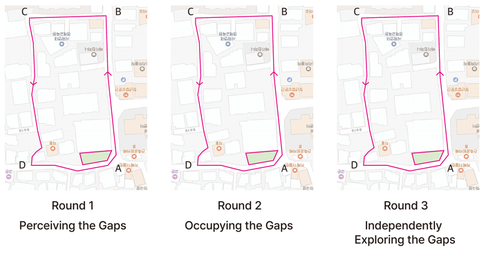 Three diagrams showing the route for Round 1, Round 2 and Round 3