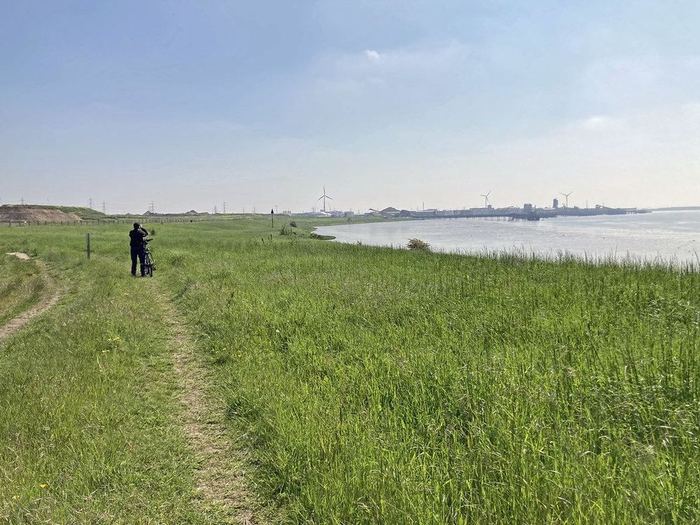 Cyclist on Footpath 47 beside green vegetation, the Thames and industrial landscape