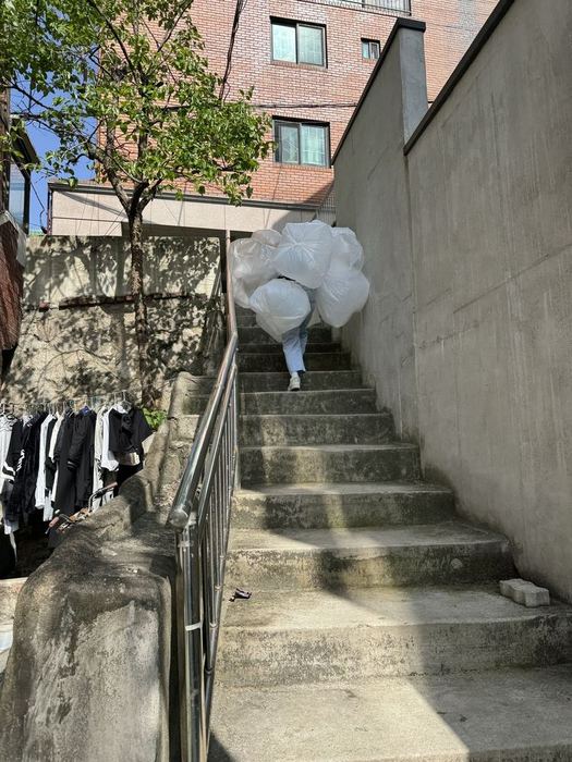 A white lightweight volume responding to a steep outdoor stair