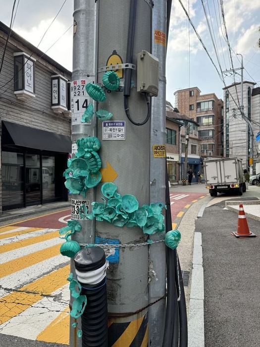 Green sculptural forms attached to a utility pole